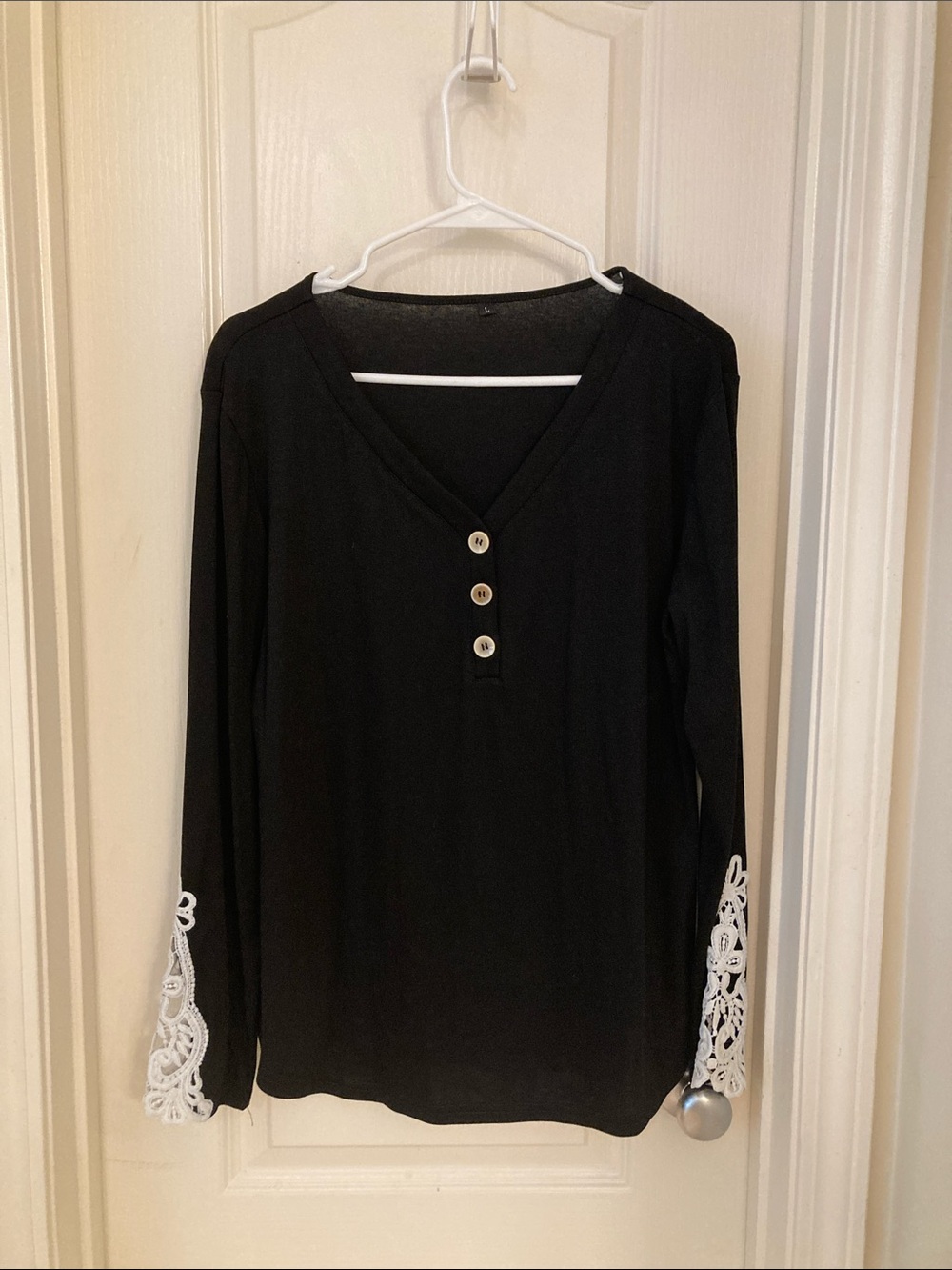 Black V-Neck Long Sleeve Top with Lace Cuff